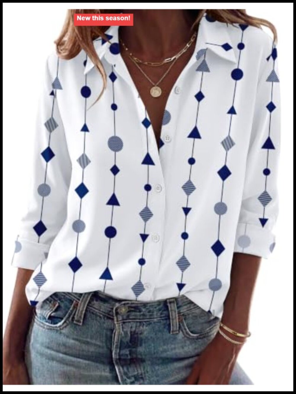 Women's Long Sleeve Button Down Blouse Turn Down Collar Curved Hem